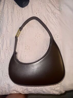 Madison West Dark Brown Crescent Shoulder Bag with Gold-Tone Accent